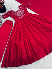 Innovative Red Silk Work Palazzo Suit