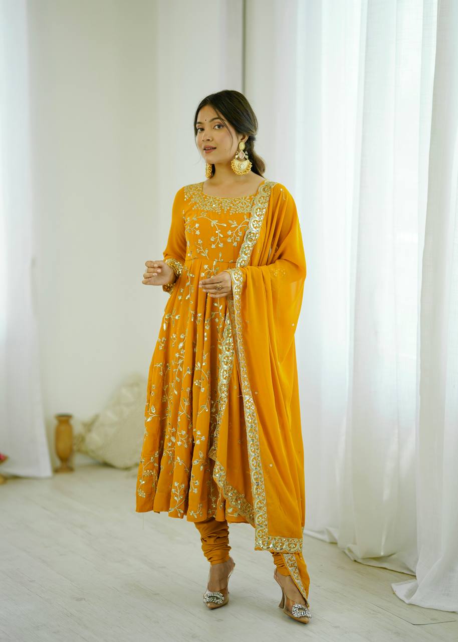 Marvelous Yellow Georgette Sequence Work Gown