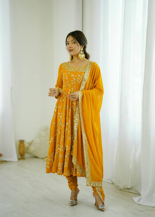 Marvelous Yellow Georgette Sequence Work Gown