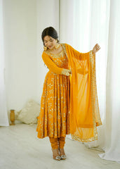 Marvelous Yellow Georgette Sequence Work Gown
