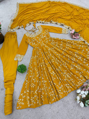 Marvelous Yellow Georgette Sequence Work Gown