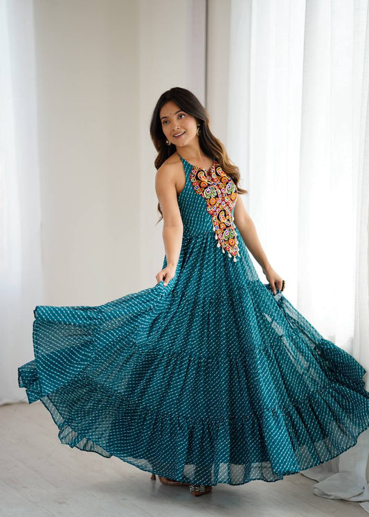 Stylish Teal Blue Chain-Stitch Work Georgette Gown