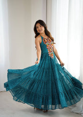 Stylish Teal Blue Chain-Stitch Work Georgette Gown