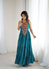 Stylish Teal Blue Chain-Stitch Work Georgette Gown