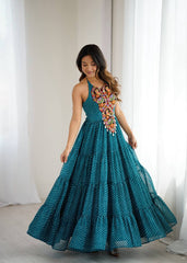 Stylish Teal Blue Chain-Stitch Work Georgette Gown