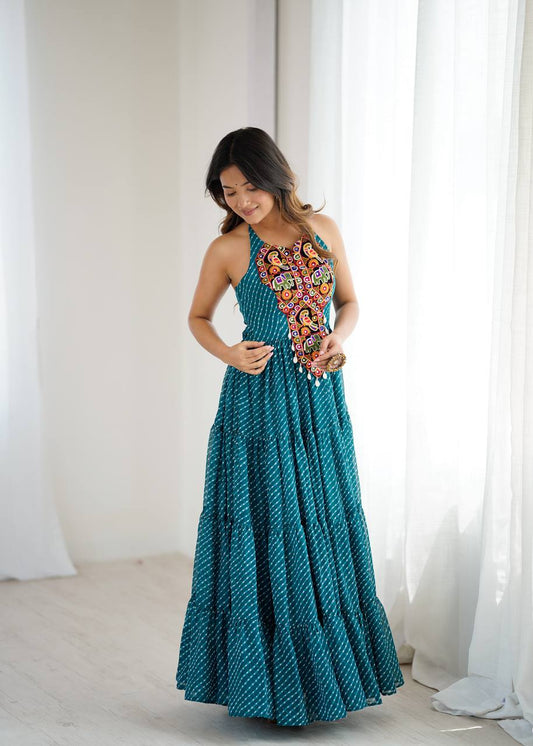 Stylish Teal Blue Chain-Stitch Work Georgette Gown