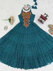 Stylish Teal Blue Chain-Stitch Work Georgette Gown