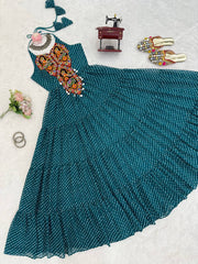 Stylish Teal Blue Chain-Stitch Work Georgette Gown