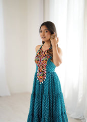 Stylish Teal Blue Chain-Stitch Work Georgette Gown