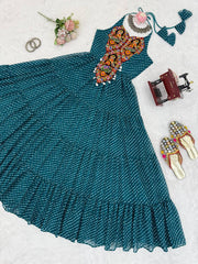 Stylish Teal Blue Chain-Stitch Work Georgette Gown