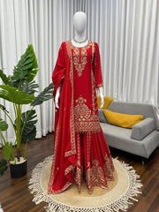 Gorgeous Red Chinon Silk Thread Work Sharara Suit