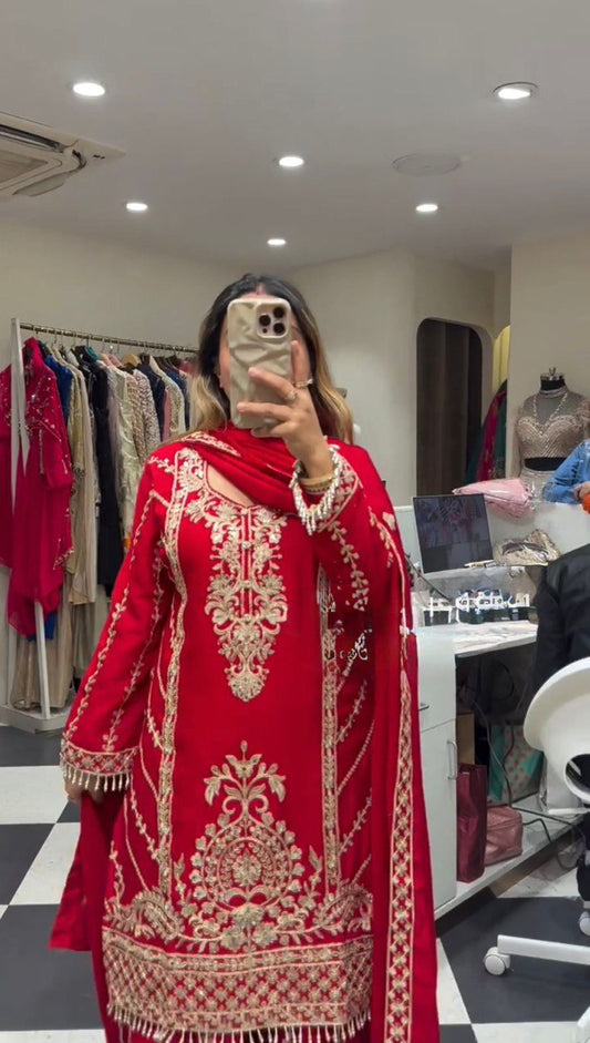 Gorgeous Red Chinon Silk Thread Work Sharara Suit