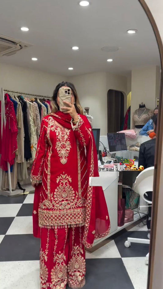 Gorgeous Red Chinon Silk Thread Work Sharara Suit