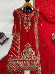 Gorgeous Red Chinon Silk Thread Work Sharara Suit