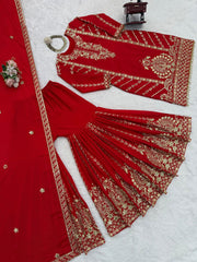 Gorgeous Red Chinon Silk Thread Work Sharara Suit