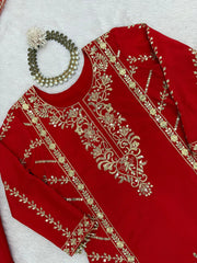 Gorgeous Red Chinon Silk Thread Work Sharara Suit