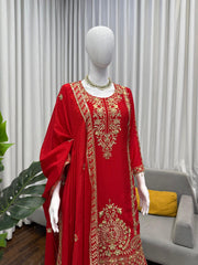 Gorgeous Red Chinon Silk Thread Work Sharara Suit