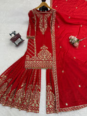 Gorgeous Red Chinon Silk Thread Work Sharara Suit
