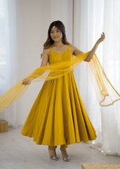 Attractive Yellow Color Roman Silk Work Anarkali Suit