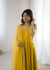 Attractive Yellow Color Roman Silk Work Anarkali Suit