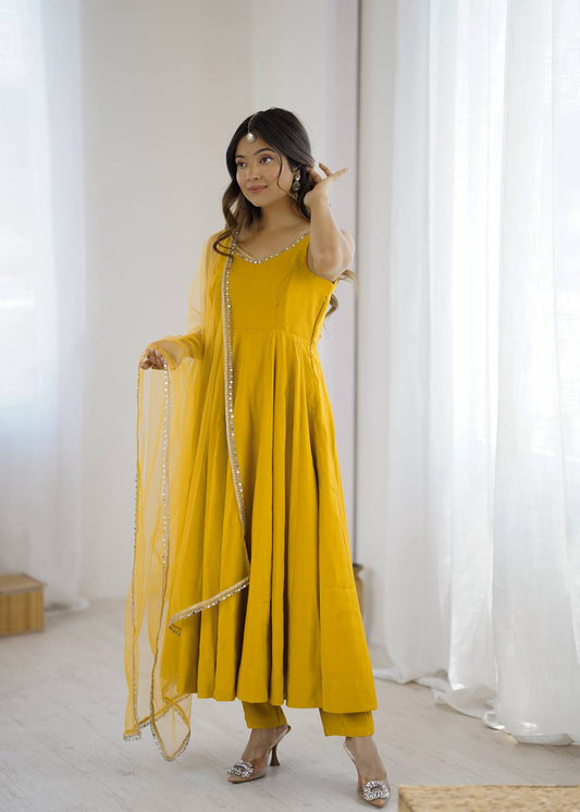 Attractive Yellow Color Roman Silk Work Anarkali Suit