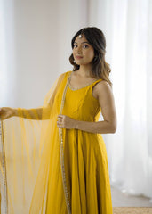 Attractive Yellow Color Roman Silk Work Anarkali Suit
