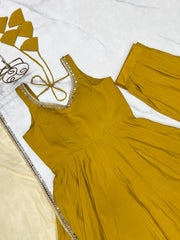 Attractive Yellow Color Roman Silk Work Anarkali Suit