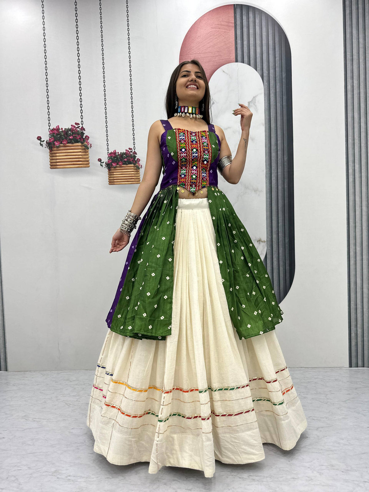 Navratri Special Green Color Gamthi Work Lehenga Choli