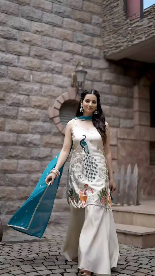 Attractive White Color Embroidery Sharara Suit
