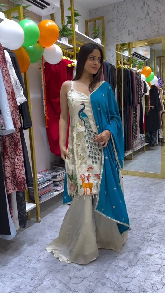 Attractive White Color Embroidery Sharara Suit