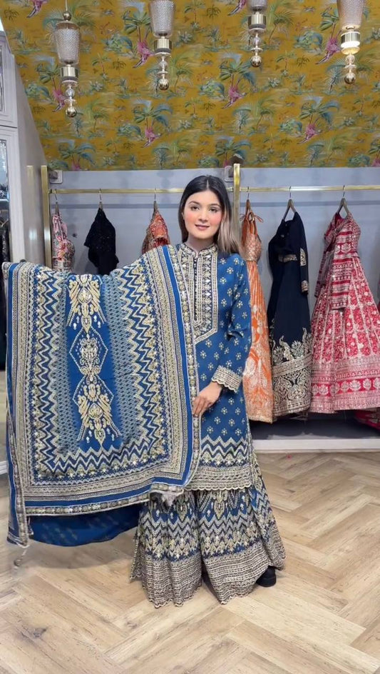 Stylish Blue Color Diamond Work Sharara Suit