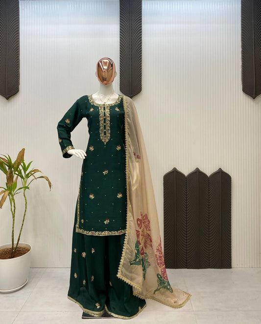 Glorious Green Color Sequence Work Sharara Suit