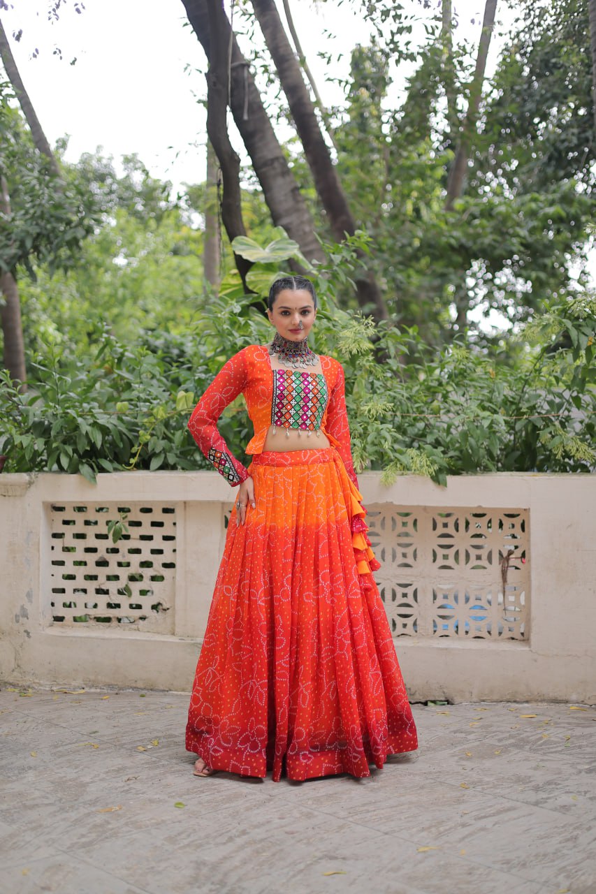 Navratri Wear Orange Color Bandhni Print Work Lehenga