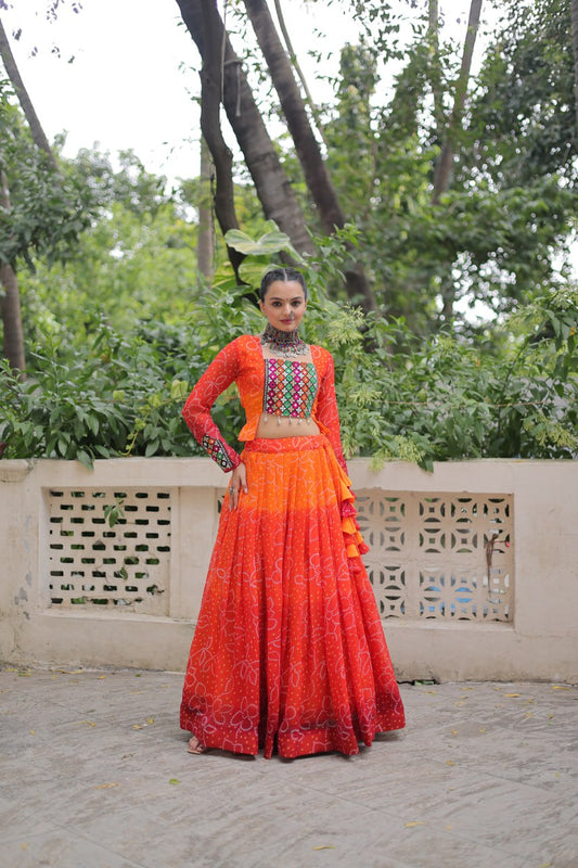 Navratri Wear Orange Color Bandhni Print Work Lehenga