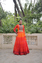 Navratri Wear Orange Color Bandhni Print Work Lehenga