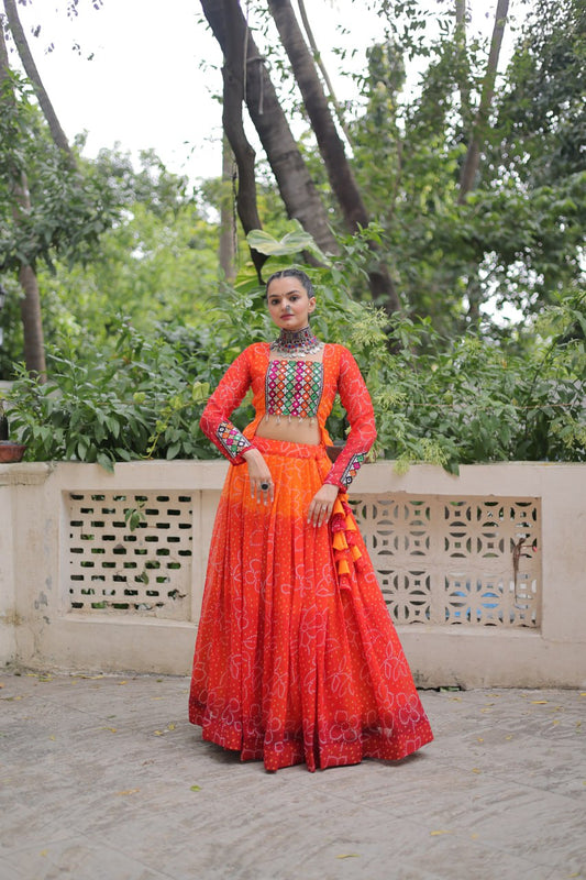 Navratri Wear Orange Color Bandhni Print Work Lehenga