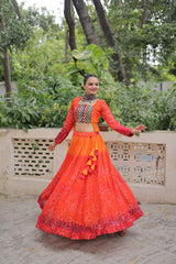 Navratri Wear Orange Color Bandhni Print Work Lehenga
