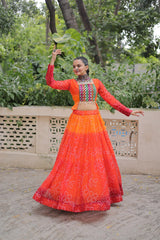Navratri Wear Orange Color Bandhni Print Work Lehenga