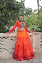 Navratri Wear Orange Color Bandhni Print Work Lehenga