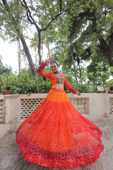 Navratri Wear Orange Color Bandhni Print Work Lehenga