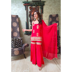Lovely Red Georgette Thread Work Sharara Suit
