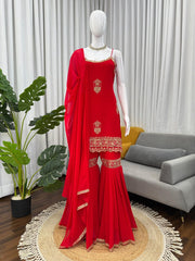 Lovely Red Georgette Thread Work Sharara Suit