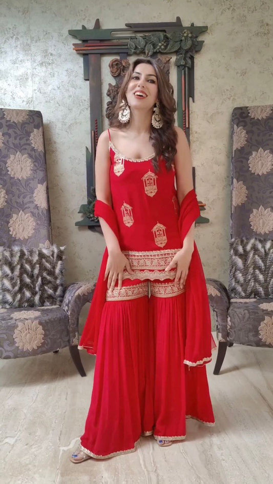 Lovely Red Georgette Thread Work Sharara Suit