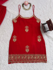 Lovely Red Georgette Thread Work Sharara Suit