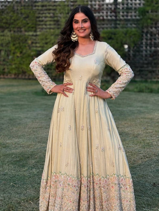 Ravishing White Color Embroidery Work Georgette Gown