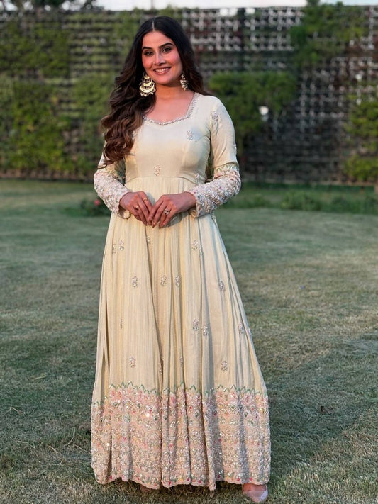 Ravishing White Color Embroidery Work Georgette Gown