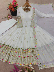 Ravishing White Color Embroidery Work Georgette Gown