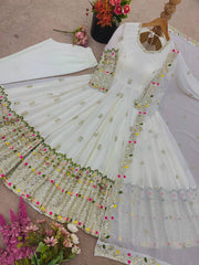Ravishing White Color Embroidery Work Georgette Gown