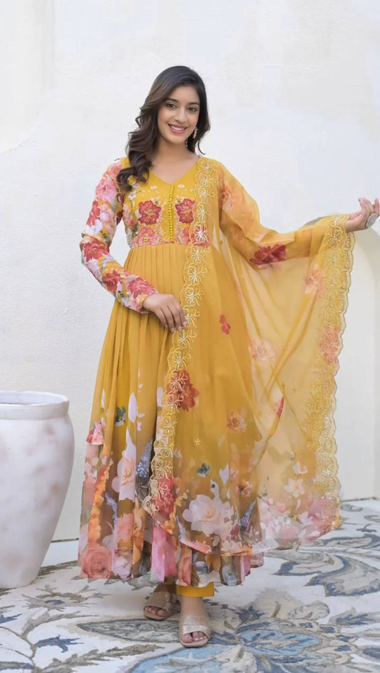 Stylish Yellow Color Sequence Work Georgette Gown