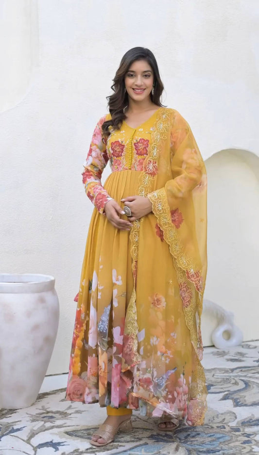 Stylish Yellow Color Sequence Work Georgette Gown